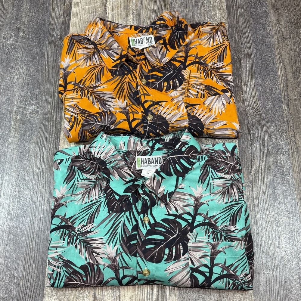 2 Haband Mens 2XL Tropical Hawaiian Shirts Orange Aqua Short Sleeve Vacation
